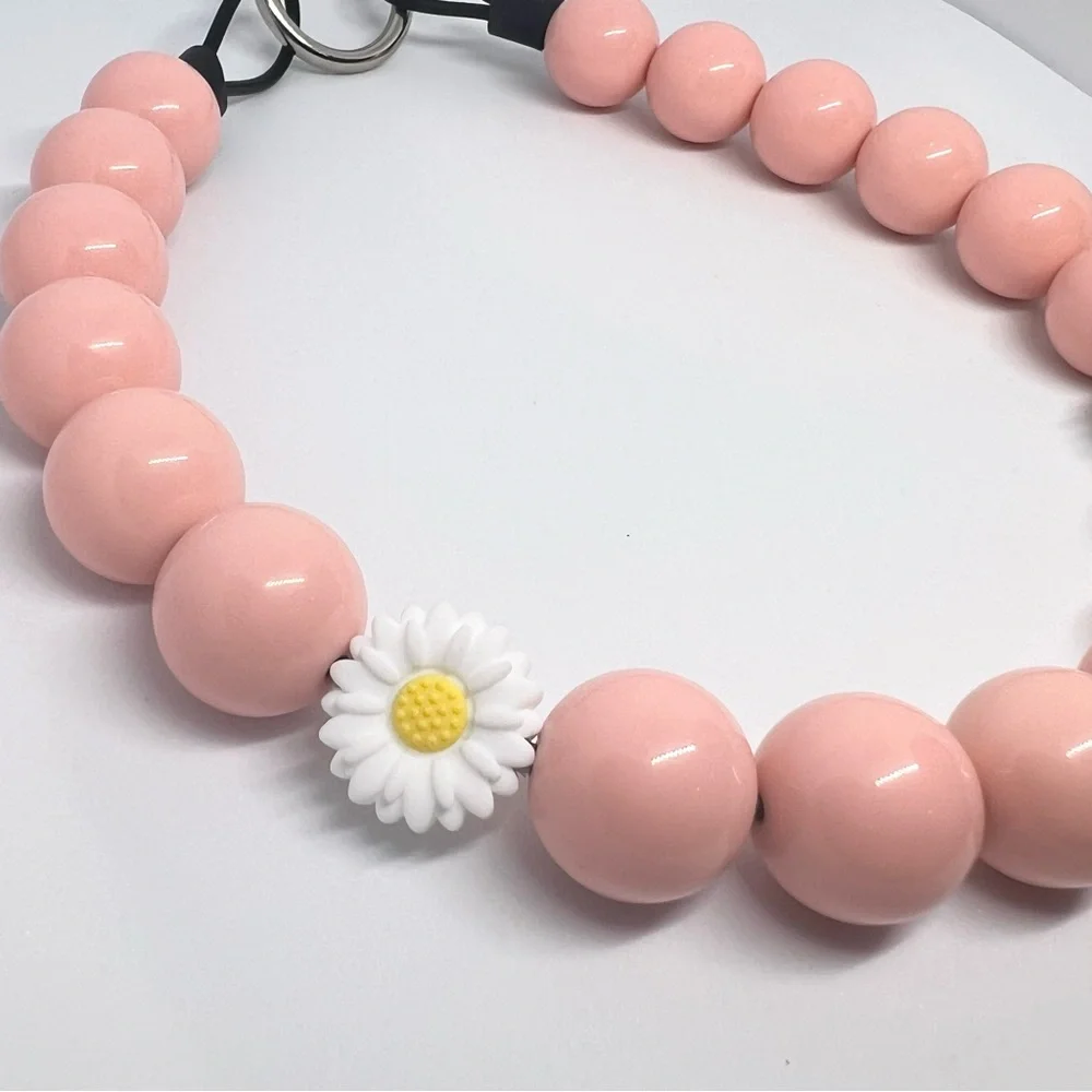 Pastel Pink Daisy Beaded Dog Collar Necklace Size Medium - 16 inches Handmade